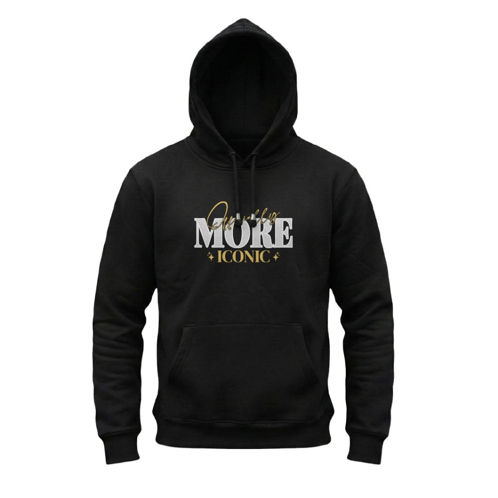Black hoodie with 'More Iconic' text on a white background