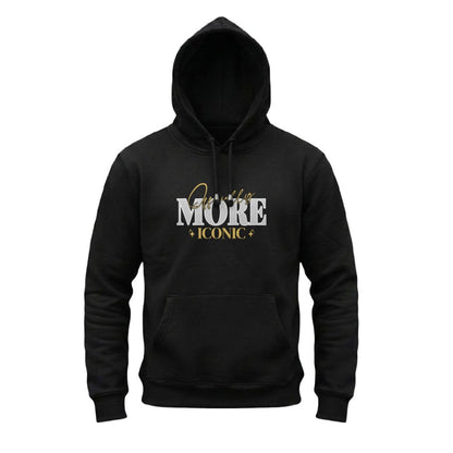 Black hoodie with 'More Iconic' text on a white background