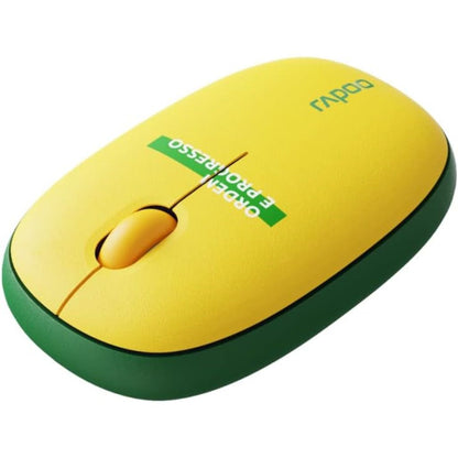 Yellow and green computer mouse with Rapoo branding on a white background