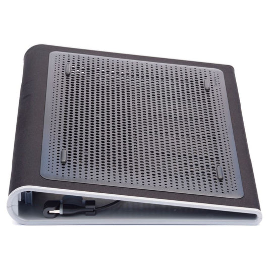 Black and gray cooling pad for electronic devices on a white background
