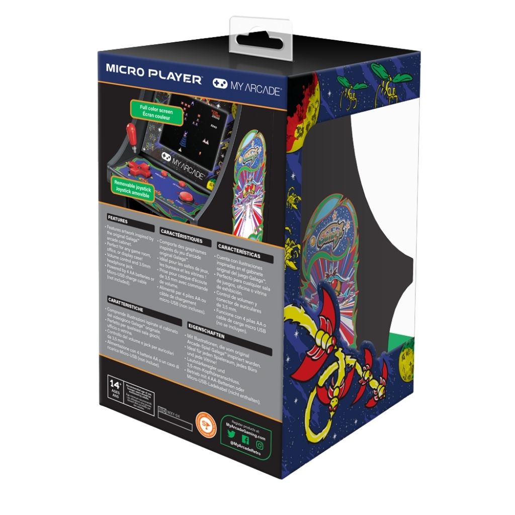 Box packaging of a Micro Player by My Arcade with colorful graphics and text.