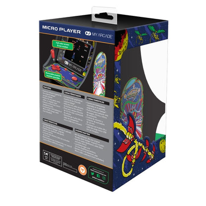 Box packaging of a Micro Player by My Arcade with colorful graphics and text.