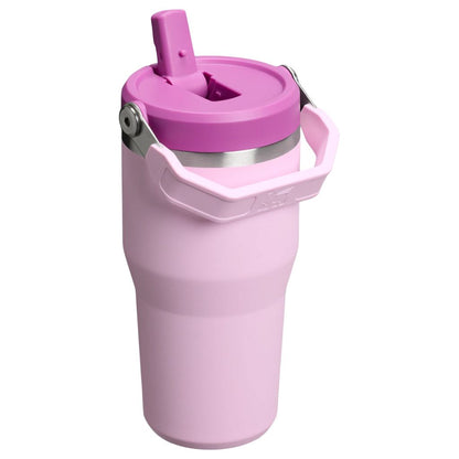 Pink water bottle with a straw lid on a white background