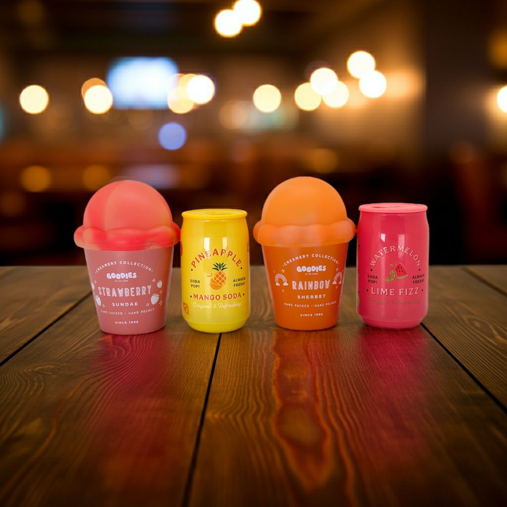 Four colorful drink containers on a wooden surface with a blurred background