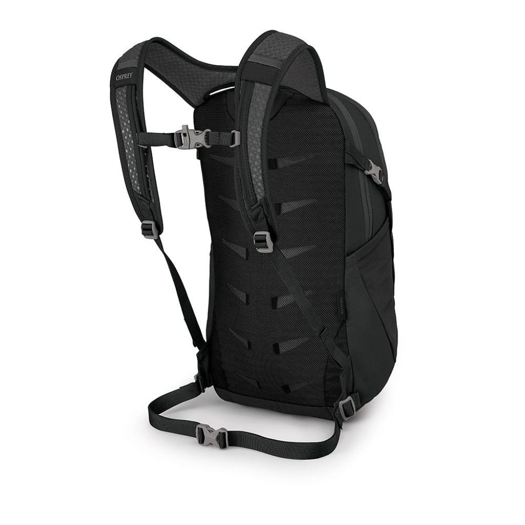 Black backpack with visible branding on a white background