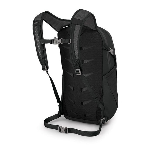 Black backpack with visible branding on a white background