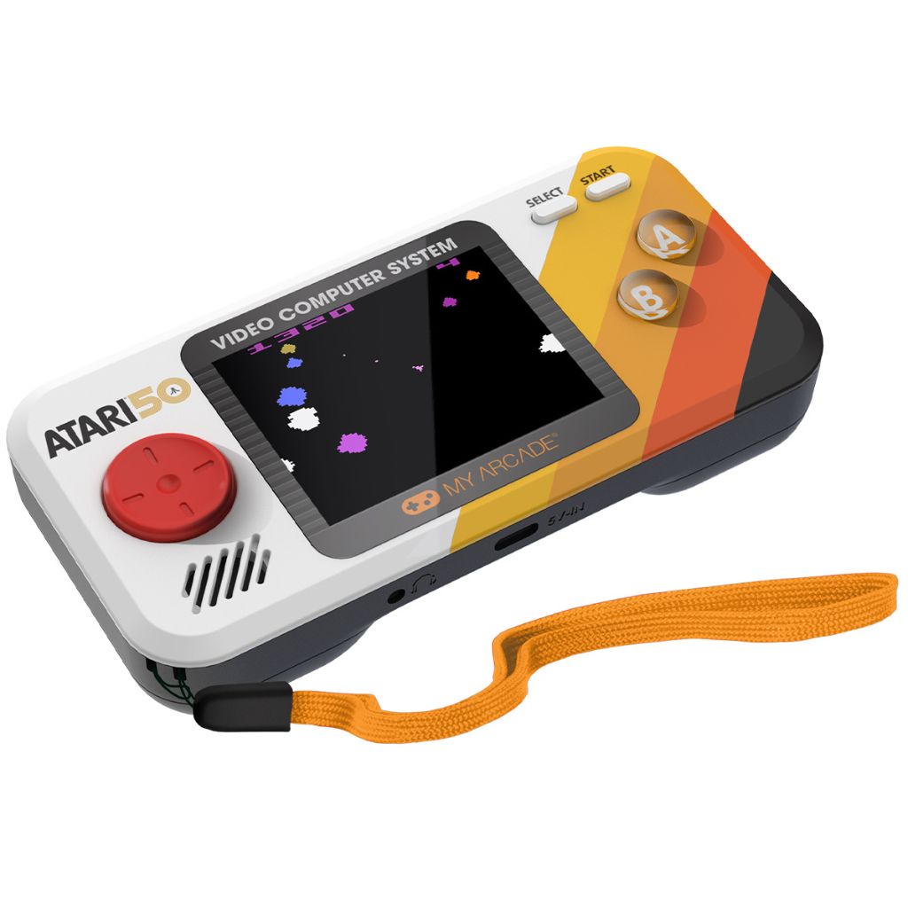 Handheld gaming console with Atari branding on a white background