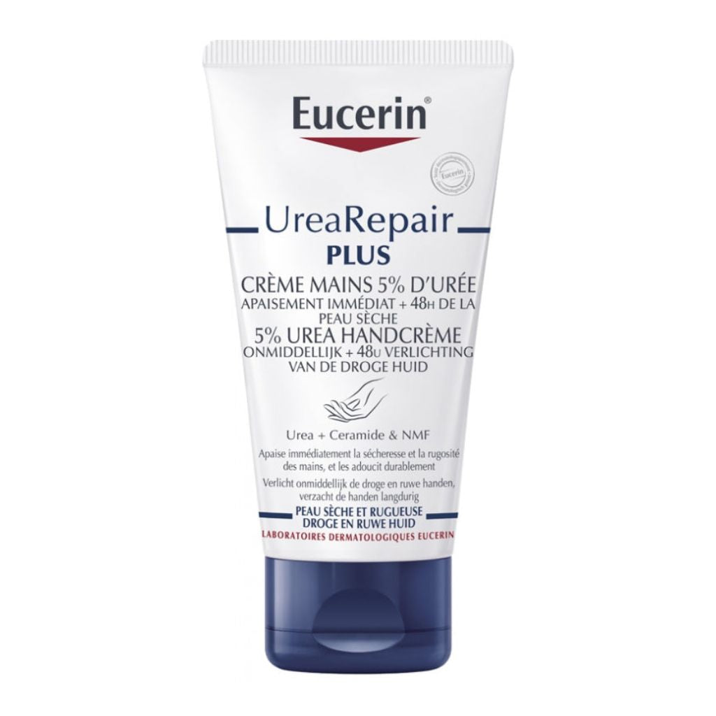 Eucerin UreaRepair Plus hand cream tube on a white background