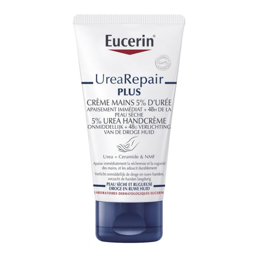 Eucerin UreaRepair Plus hand cream tube on a white background