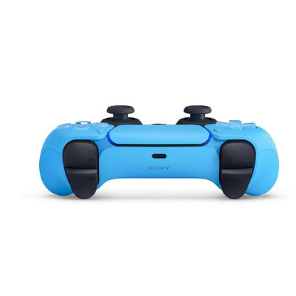 Blue gaming controller with black grips on a white background