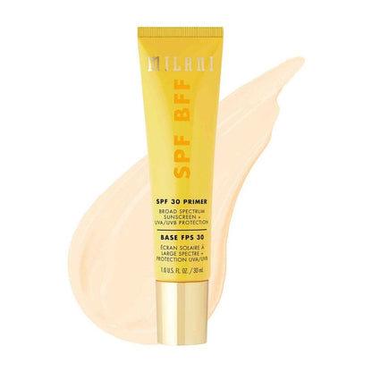 Milani SPF BFF SPF 30 primer tube on a white background