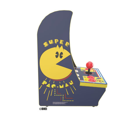 Pac-Man arcade machine with blue and yellow design on a white background
