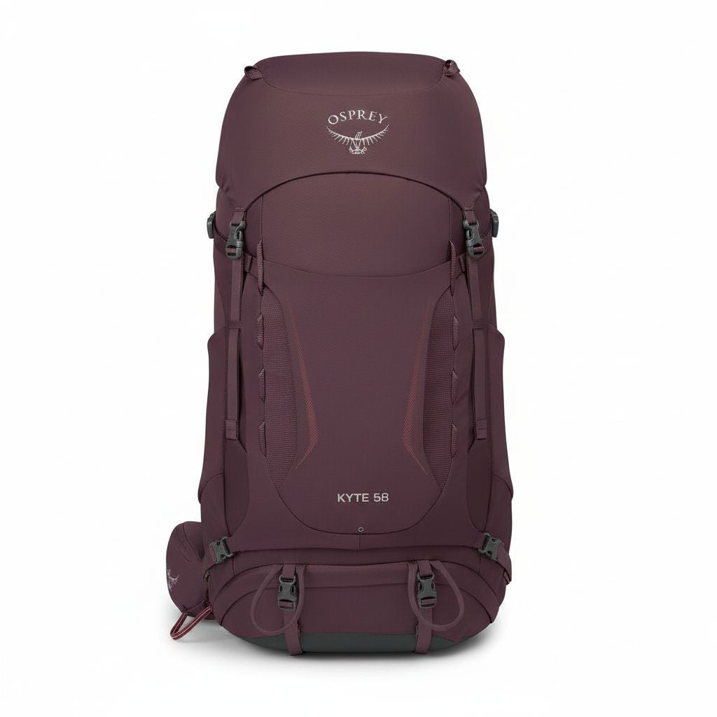 Maroon Osprey backpack on a white background