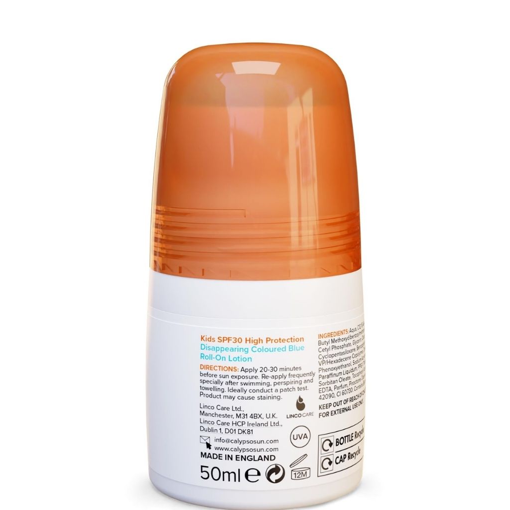Roll-on sunscreen bottle with orange cap on a white background