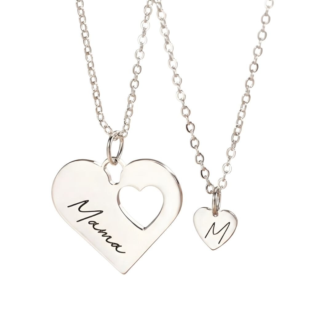Engraved Name and Initial Heart Necklace Duo Set