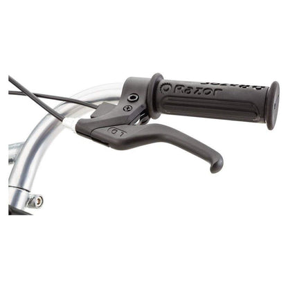 Close-up of a bicycle handlebar with gray grips and brake lever on a white background