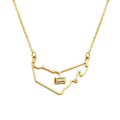 UAE Map Outline Necklace with Hanging Flag Charm