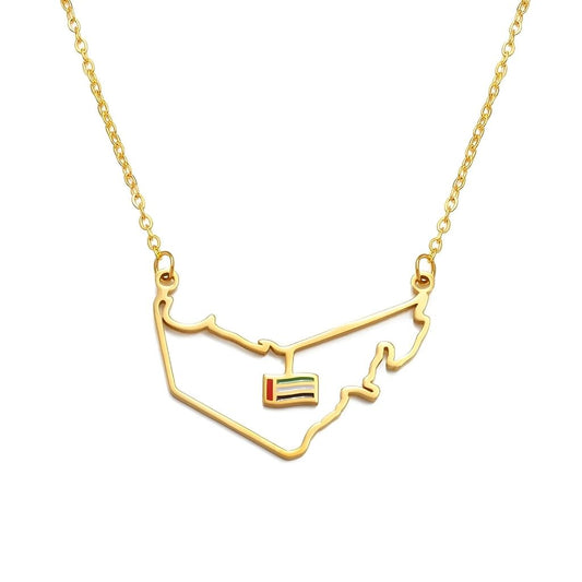 UAE Map Outline Necklace with Hanging Flag Charm