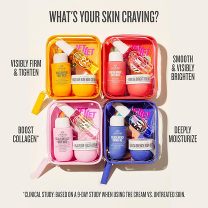 Set of skincare products in colorful containers with text indicating different skin care needs.