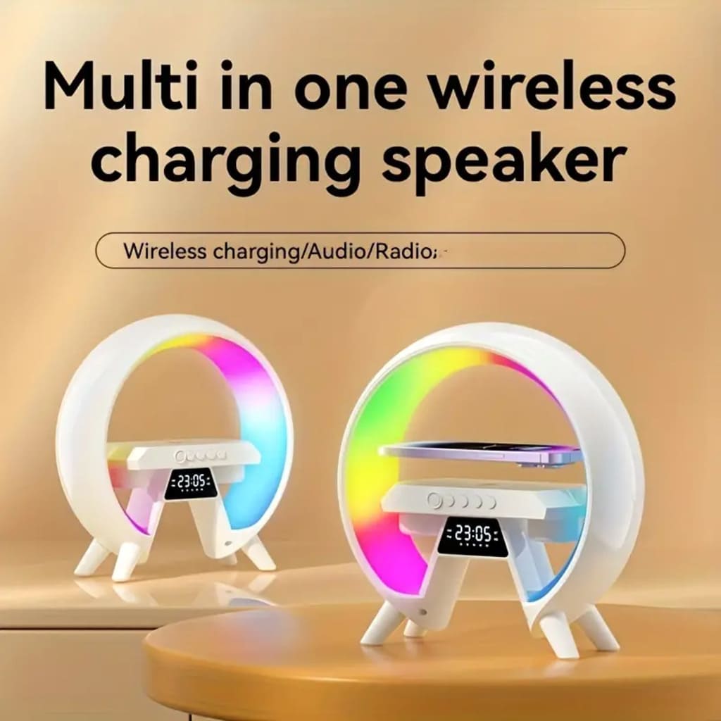 Multi-in-one wireless charging speaker with colorful LED lights on a wooden surface.