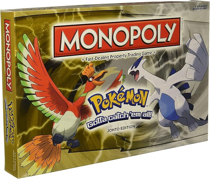 Monopoly Pokemon board game box with two characters on a yellow background