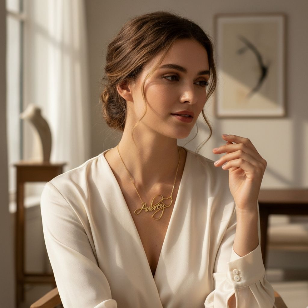 Woman wearing a gold necklace in a softly lit room