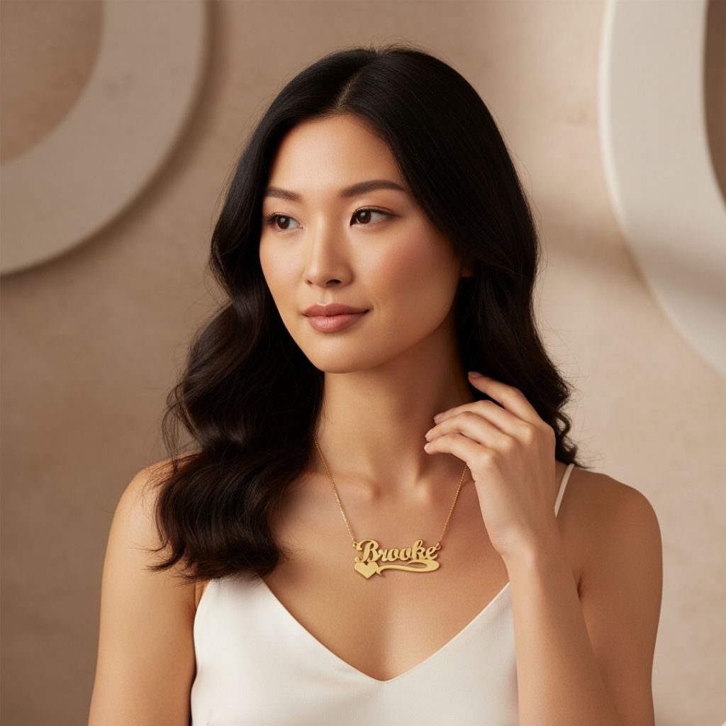 Woman wearing a gold necklace with 'Brooke' on it against a beige background