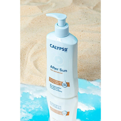 Calypso after sun lotion bottle with sand and water background