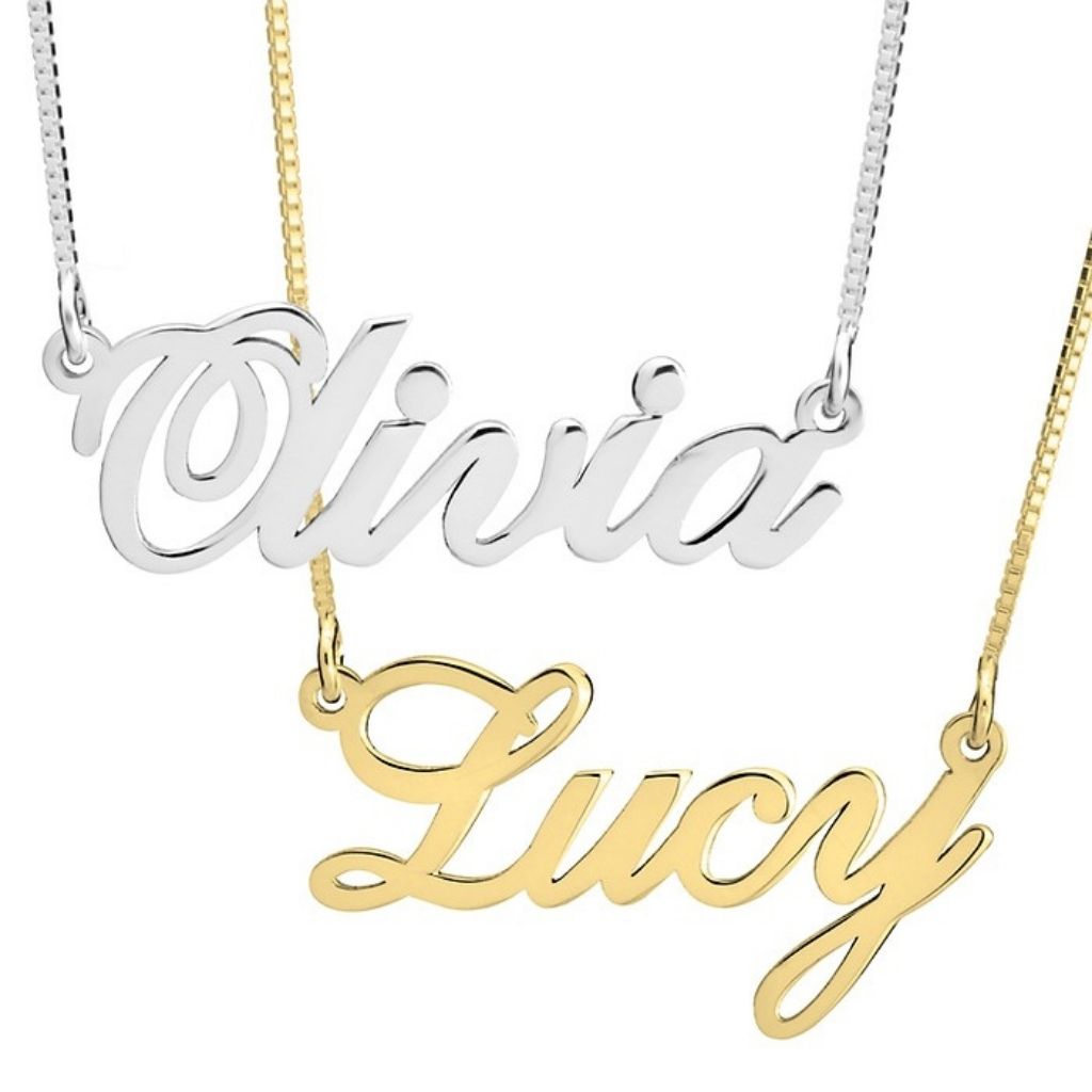 Two name necklaces, one silver 'Olivia' and one gold 'Lucy', on a white background.