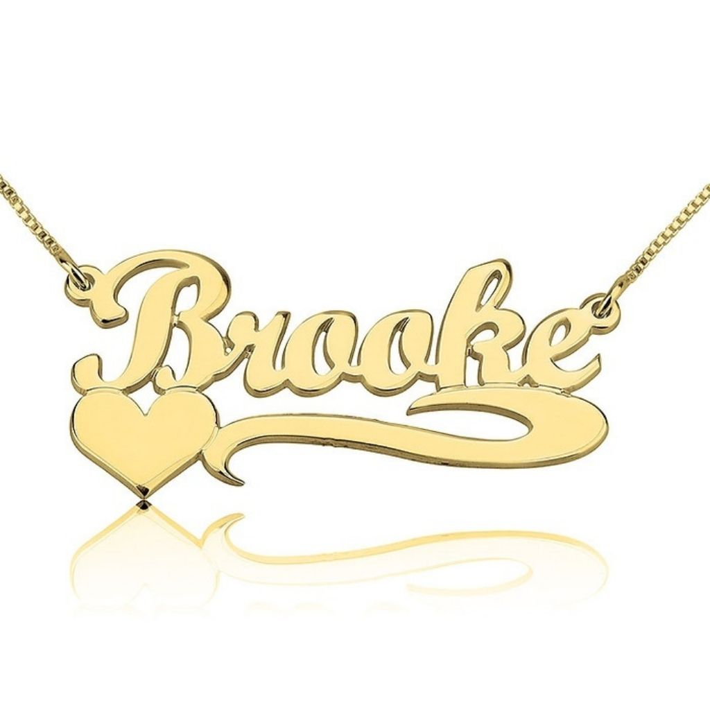 Gold name necklace with 'Brooke' and a heart on a white background