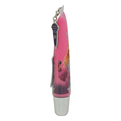 Pink pen with character design on a white background