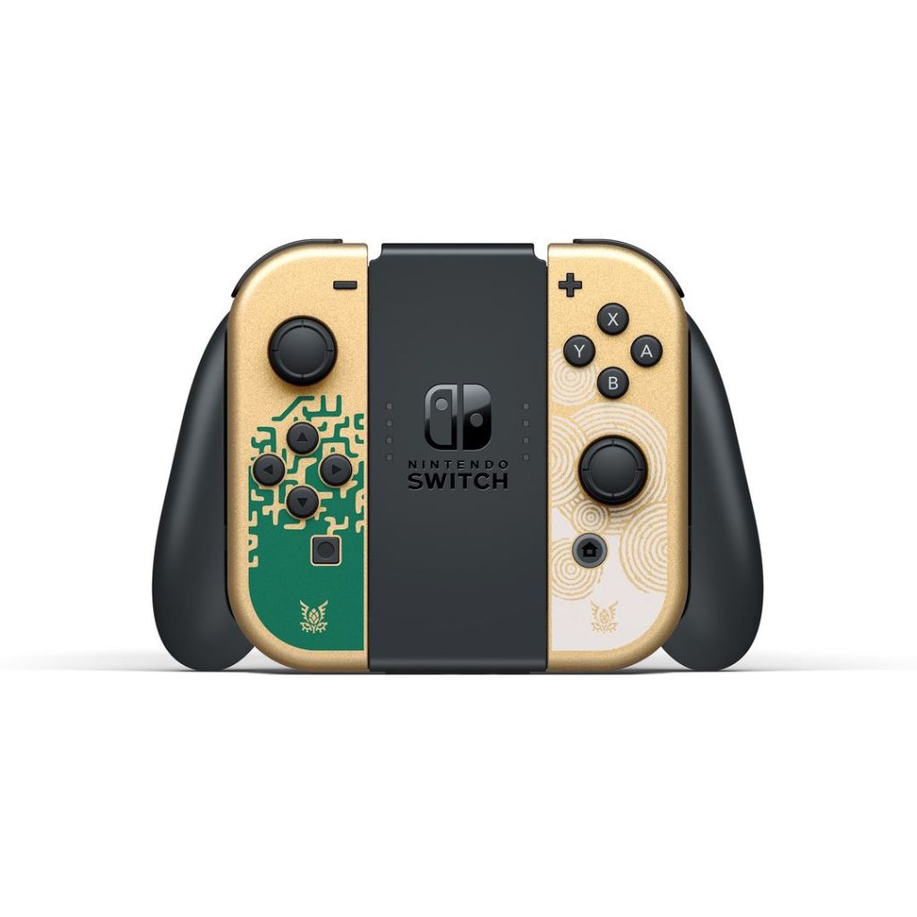 Nintendo Switch controller with gold and black design on a white background