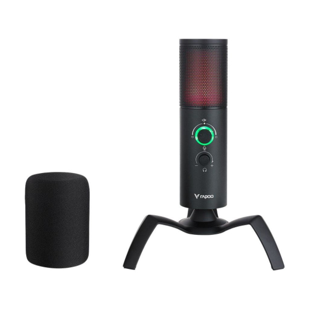 Black USB microphone with stand and pop filter on a white background