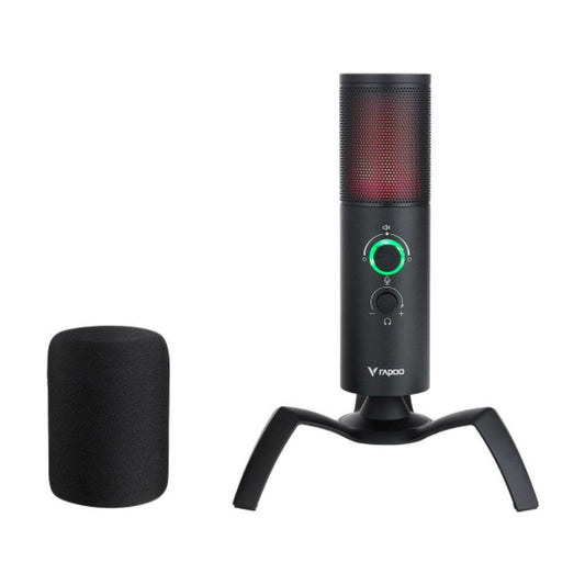 Black USB microphone with stand and pop filter on a white background