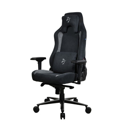 Black gaming chair with adjustable armrests on a white background