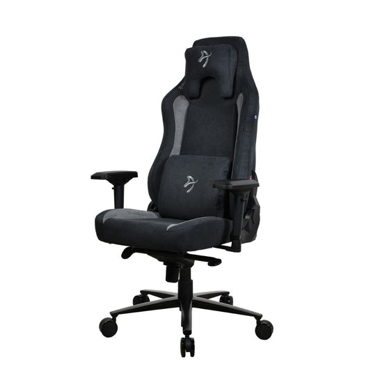Black gaming chair with adjustable armrests on a white background
