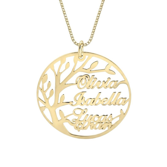 Personalised Engraved Family Tree Round Pendant Necklace