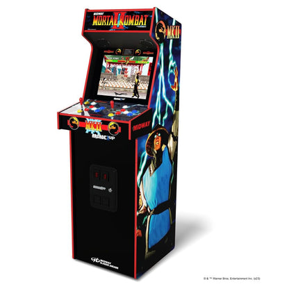 Mortal Kombat arcade machine with colorful graphics on a white background