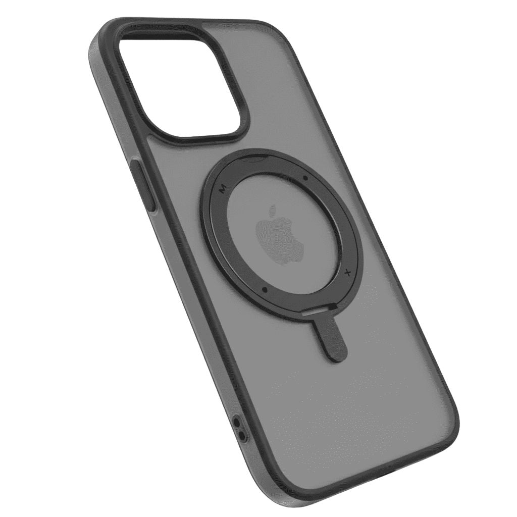 Phone case with a ring holder and Apple logo on a white background