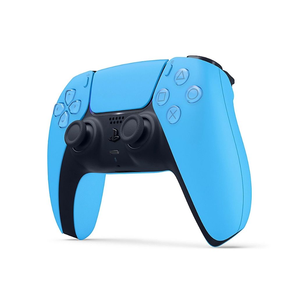Blue and black gaming controller on a white background