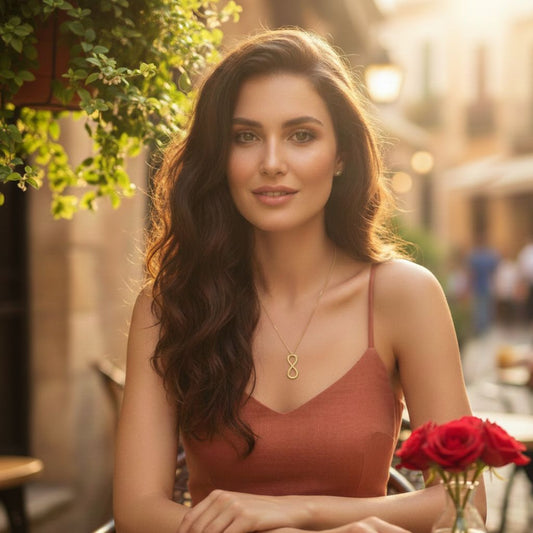 Woman in a rust-colored dress with red roses in an outdoor setting