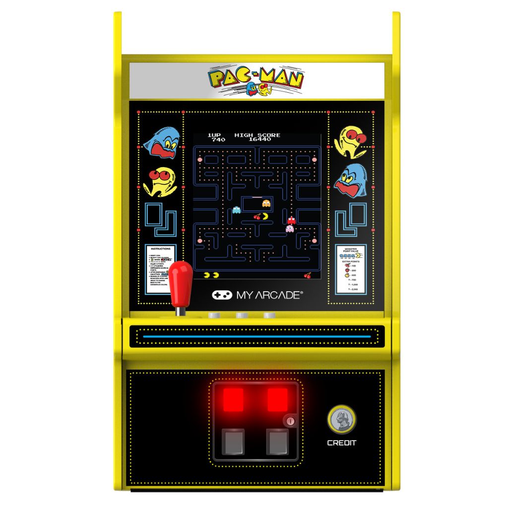 Pac-Man arcade machine with yellow frame and red buttons on a white background