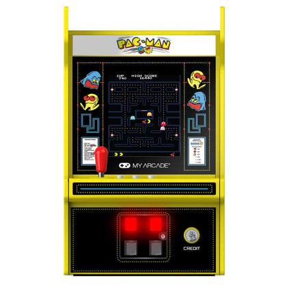 Pac-Man arcade machine with yellow frame and red buttons on a white background
