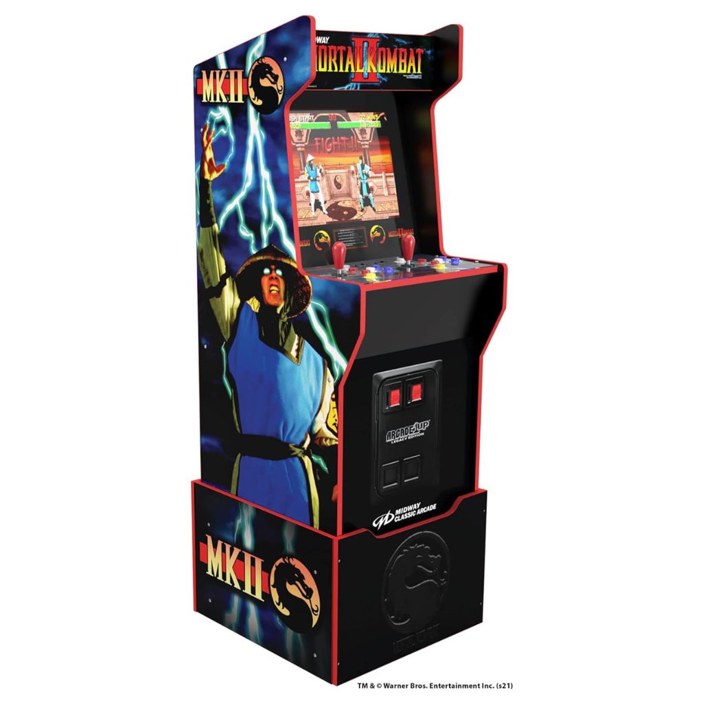 Arcade machine with Mortal Kombat II graphics on a white background