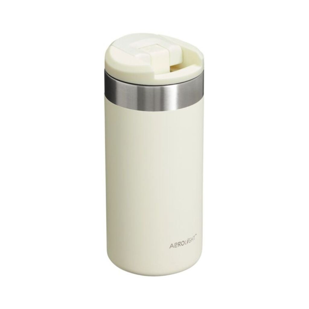 White thermos with silver lid on a white background