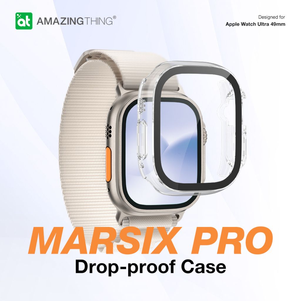 Apple Watch Ultra with MARSIX PRO drop-proof case on a light gray background