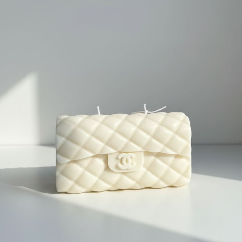 White quilted handbag with Chanel logo on a light gray background