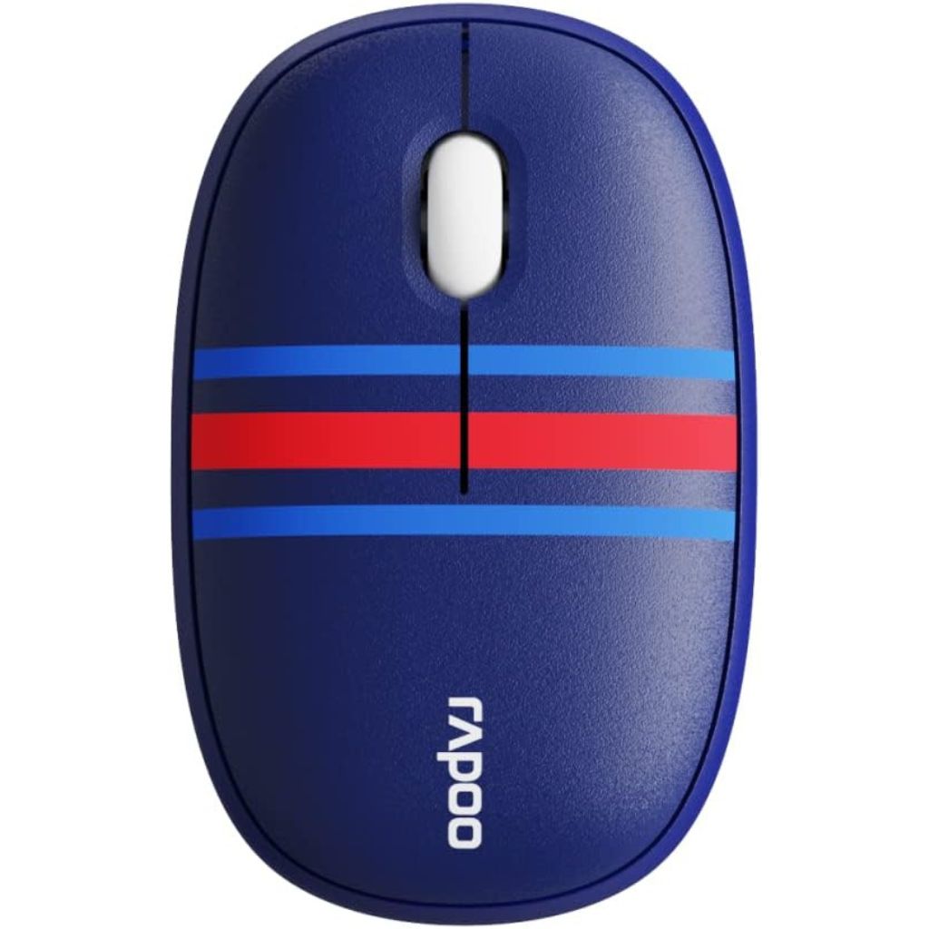 Blue computer mouse with red and blue stripes on a white background