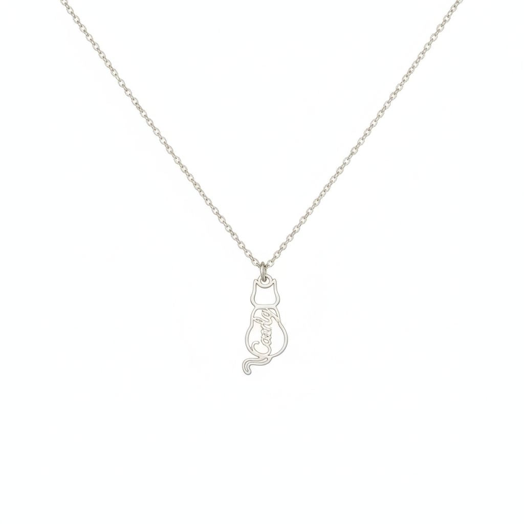 Silver necklace with a cat-shaped pendant on a white background
