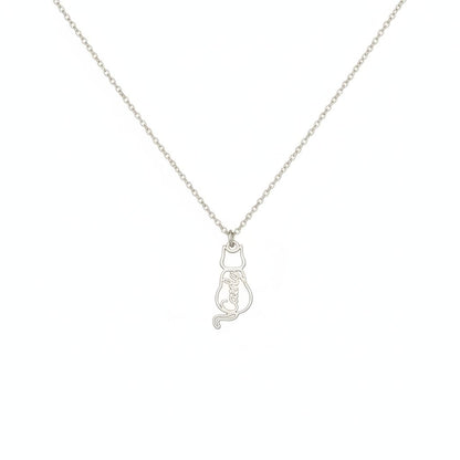 Silver necklace with a cat-shaped pendant on a white background